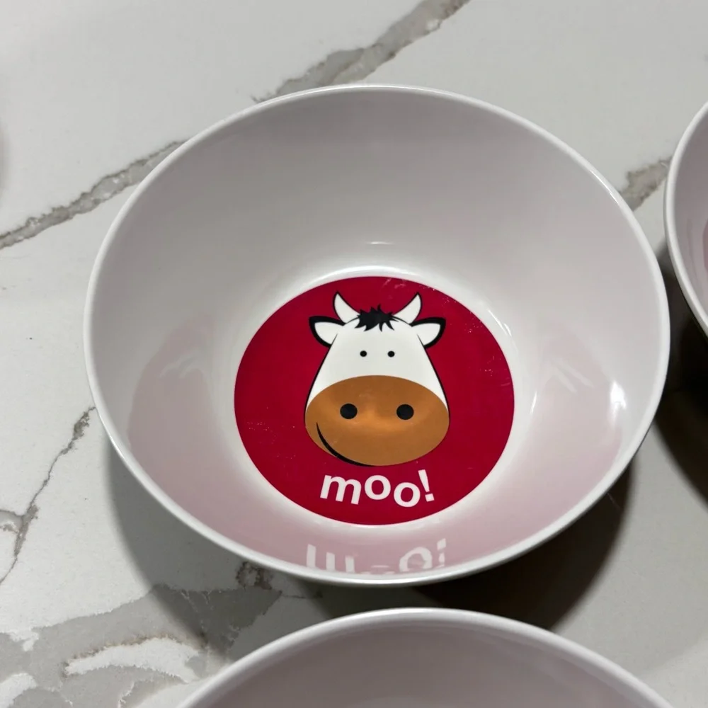 Plastic Green White Red Farm Themed Bowls Set Of 4 Dessert Cups Cow Horse Barn